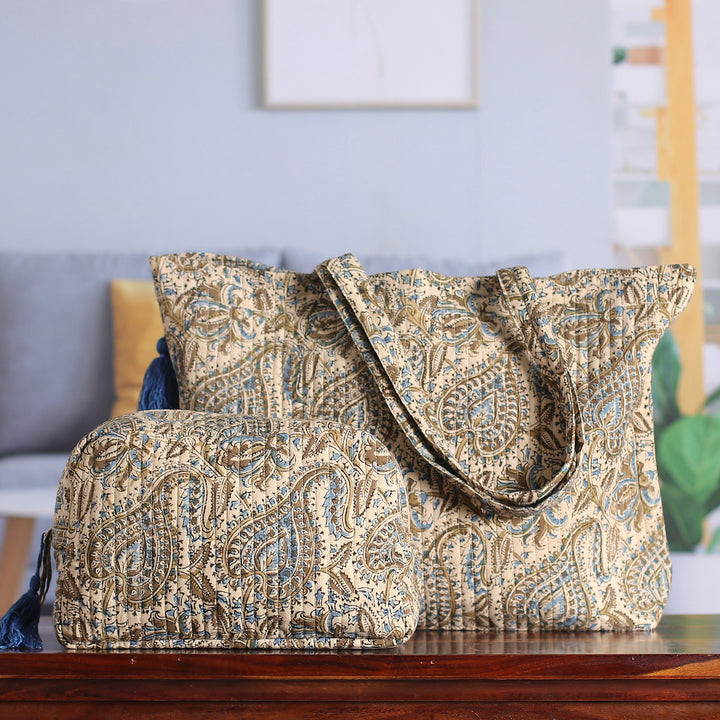 Paisley-Patterned 100% Cotton Travel and Toiletry Bag Set - Trendy Traveler | NOVICA