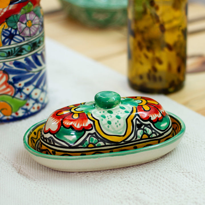 Talavera Style Hand-Painted Ceramic Butter Dish with Lid - Mexican Garden | NOVICA