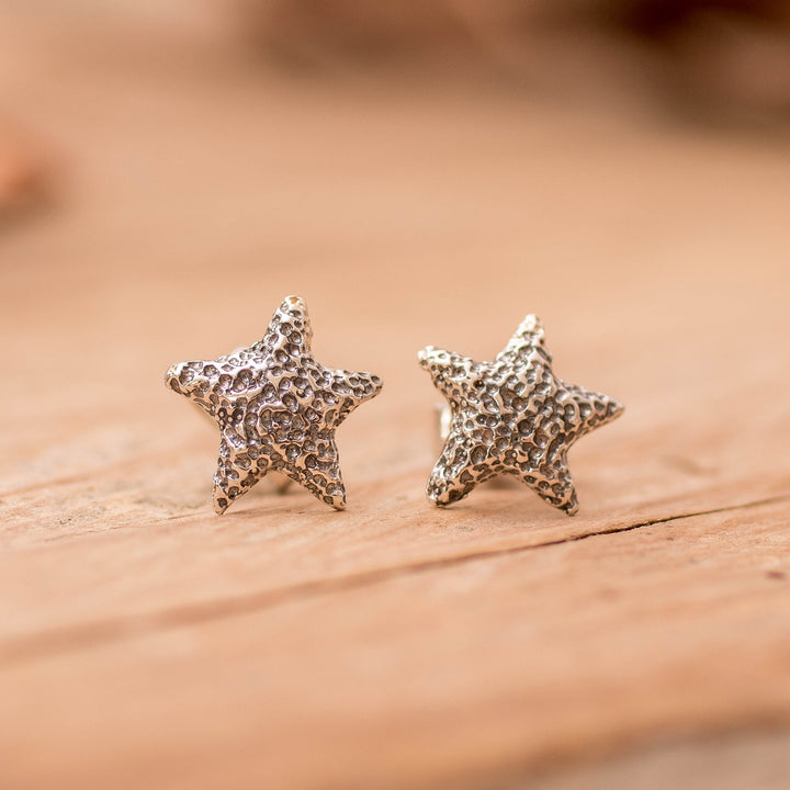 Starfish-Inspired Textured Sterling Silver Stud Earrings - Ocean Stardom | NOVICA