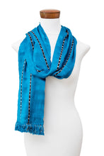 Load image into Gallery viewer, Guatemalan-Made Handwoven Teal Cotton Scarf with Fringes - Luxurious Paths | NOVICA
