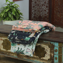 Load image into Gallery viewer, Tropical-Themed Embroidered Cotton Queen Bedspread in Black - Night Jungle Story | NOVICA
