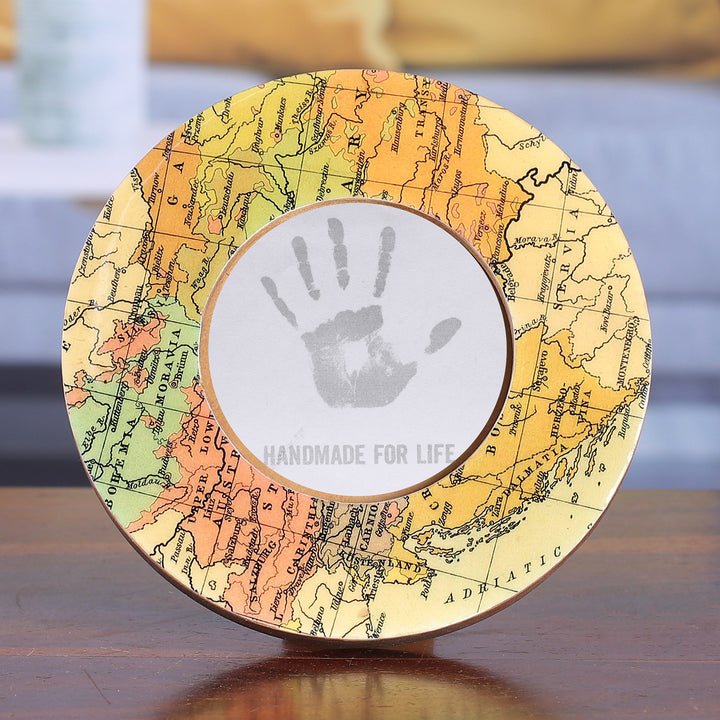 Cartography-Themed Laminated Wood 4-Inch Round Photo Frame - Delightful Cartography | NOVICA