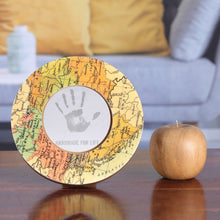 Load image into Gallery viewer, Cartography-Themed Laminated Wood 4-Inch Round Photo Frame - Delightful Cartography | NOVICA
