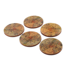 Load image into Gallery viewer, 5 Round Laminated Wood Coasters with Cartography Theme - Enchanting Cartography | NOVICA
