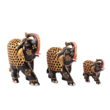 Load image into Gallery viewer, 3 Elephant-Shaped Jali Hand-Carved Painted Wood Sculptures - The Regal Parade | NOVICA
