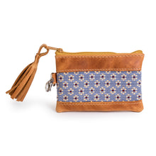 Load image into Gallery viewer, Floral-Patterned Leather-Accented Blue Cotton Coin Purse - Blue of Blooms | NOVICA
