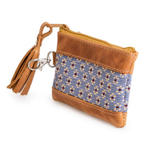 Load image into Gallery viewer, Floral-Patterned Leather-Accented Blue Cotton Coin Purse - Blue of Blooms | NOVICA
