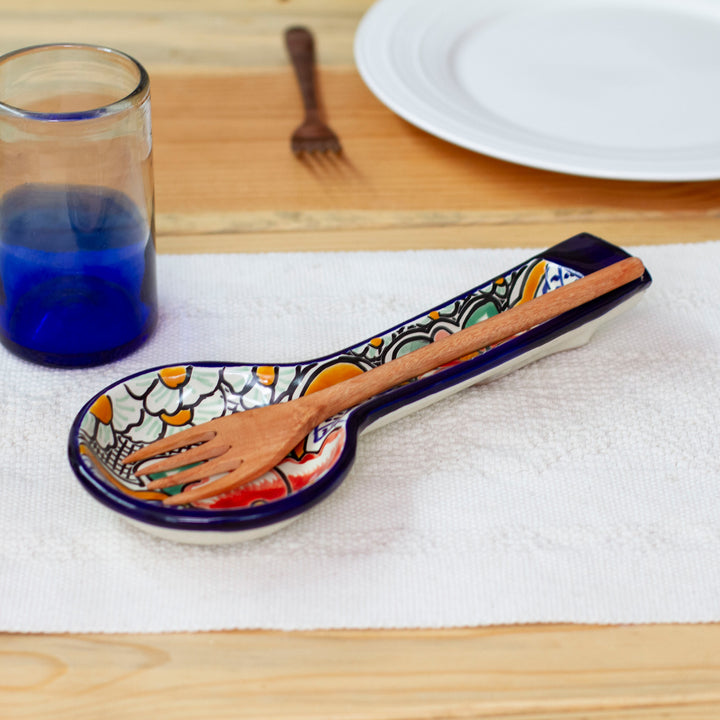 Folk Art Talavera-Style Ceramic Spoon Rest with Floral Theme - Puebla Blooms | NOVICA