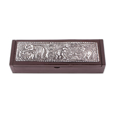 Load image into Gallery viewer, Elephant-Themed Rubberwood and Embossed Aluminum Jewelry Box - Elephant Reign | NOVICA
