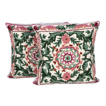 Load image into Gallery viewer, Baroque-Inspired Green and Pink Cotton Cushion Cover Pair - Baroque in Rose | NOVICA
