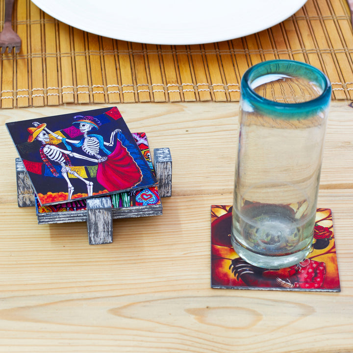 Set of 6 Day of the Dead-Inspired Decoupage on Wood Coasters - Day of the Dead Essence | NOVICA