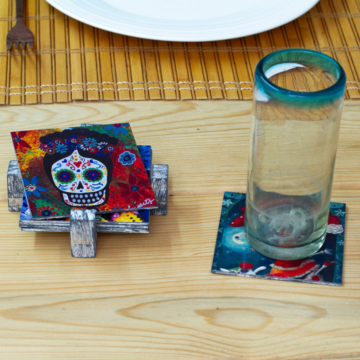 6 Catrina and Catrin Day of the Dead Decoupage Wood Coasters - Catrina Essence | NOVICA