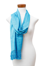 Load image into Gallery viewer, Light Blue Fringed Rayon Scarf Hand-Loomed in Guatemala - Lagoon Reflections | NOVICA
