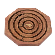 Load image into Gallery viewer, Elephant-Themed Mango Wood and Brass Maze Game from India - The Elephant Goal | NOVICA

