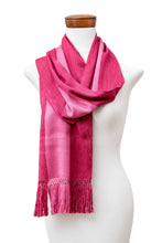 Load image into Gallery viewer, Pink Fringed Striped Rayon Scarf Hand-Loomed in Guatemala - Dual Sophistication | NOVICA
