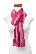 Load image into Gallery viewer, Pink Fringed Striped Rayon Scarf Hand-Loomed in Guatemala - Dual Sophistication | NOVICA

