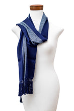 Load image into Gallery viewer, Hand-Woven Striped Fringed Rayon Scarf in Blue Shades - Dual Elegance | NOVICA
