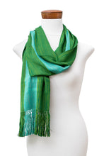 Load image into Gallery viewer, Striped Fringed Hand-Loomed Rayon Scarf in 2 Shades of Green - Dual Vibrancy | NOVICA
