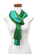 Load image into Gallery viewer, Striped Fringed Hand-Loomed Rayon Scarf in 2 Shades of Green - Dual Vibrancy | NOVICA
