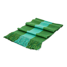 Load image into Gallery viewer, Striped Fringed Hand-Loomed Rayon Scarf in 2 Shades of Green - Dual Vibrancy | NOVICA

