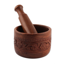 Load image into Gallery viewer, Floral and Vine-Themed Hand-Carved Wood Mortar and Pestle - Garden Joy | NOVICA
