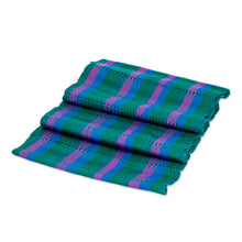 Load image into Gallery viewer, Striped Green Blue Purple Hand-Loomed Rayon Infinity Scarf - Colorful Elegance | NOVICA

