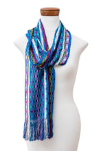 Load image into Gallery viewer, Colorful Checkerboard Fringed Hand-Loomed Rayon Scarf - Checkerboard Glam | NOVICA
