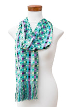 Load image into Gallery viewer, Checkerboard-Patterned Handwoven Rayon Scarf with Fringes - Checkerboard Chic | NOVICA
