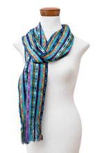 Load image into Gallery viewer, Block-Patterned Hand-Loomed Rayon Scarf with Fringes - Intertwining Colors | NOVICA

