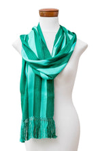 Load image into Gallery viewer, Striped Fringed Hand-Loomed Rayon Scarf in Shades of Green - Stripes of Luxury | NOVICA
