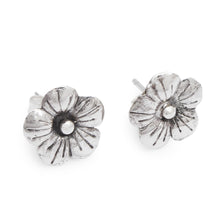 Load image into Gallery viewer, Polished Floral Sterling Silver Hibiscus Button Earrings - Tiny Spring | NOVICA
