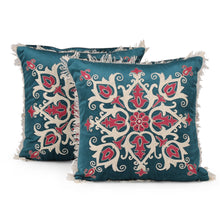 Load image into Gallery viewer, 2 Floral Embroidered Fringed Cotton Velvet Cushion Covers - Blooming Delight | NOVICA
