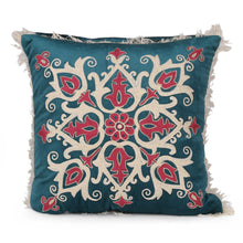 Load image into Gallery viewer, 2 Floral Embroidered Fringed Cotton Velvet Cushion Covers - Blooming Delight | NOVICA
