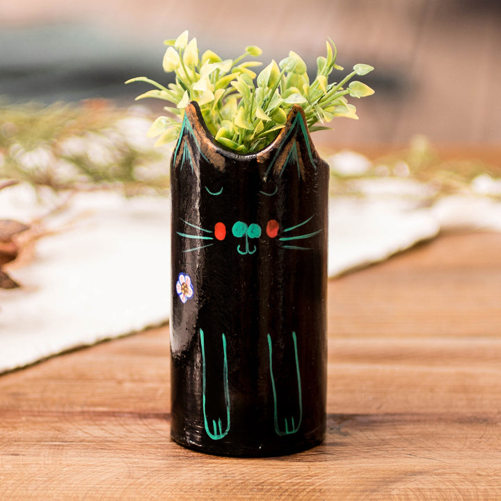 Cat-Themed Ceramic Decorative Vase Utensil and Pen Holder - Petite Black Feline Organizer | NOVICA