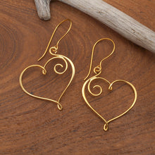 Load image into Gallery viewer, Hollow Heart-Themed 18k Gold-Plated Drop Earrings from Bali - Wires of Love | NOVICA
