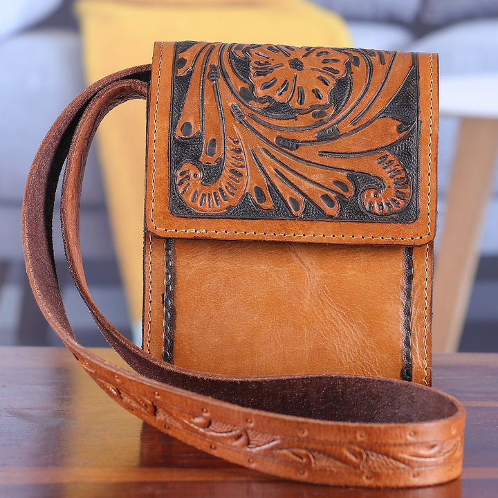 Tan Leather Sling Bag with Embossed Floral Paisley Designs - Timeless Elegance in Tan | NOVICA