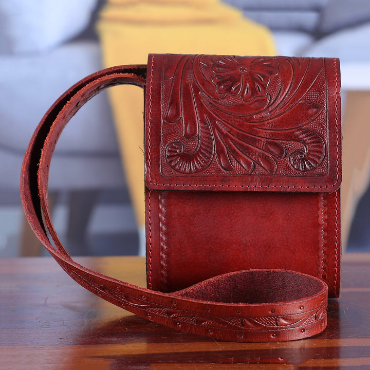 Red Leather Sling Bag with Embossed Floral and Paisley Motif - Timeless Elegance in Russet | NOVICA