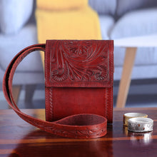 Load image into Gallery viewer, Red Leather Sling Bag with Embossed Floral and Paisley Motif - Timeless Elegance in Russet | NOVICA
