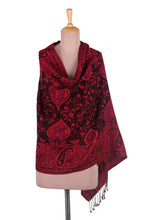 Load image into Gallery viewer, Reversible Wool Shawl in Red with Floral Leaf Paisley Motifs - Crimson Elegance | NOVICA

