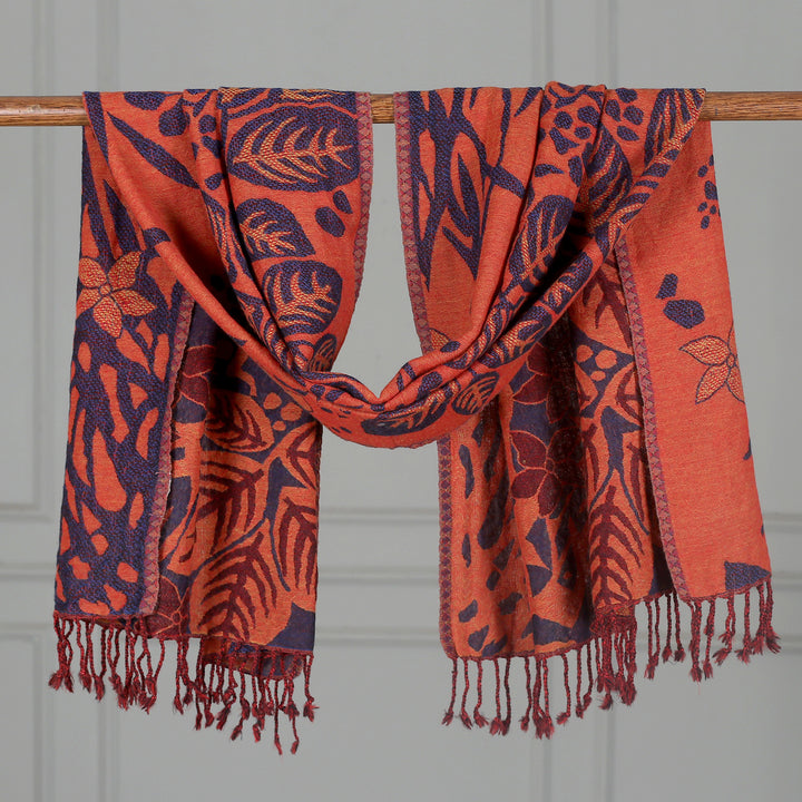 Floral Leaf-Themed Reversible Wool Shawl in Orange and Blue - Botanical Elegance | NOVICA
