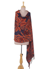 Load image into Gallery viewer, Floral Leaf-Themed Reversible Wool Shawl in Orange and Blue - Botanical Elegance | NOVICA
