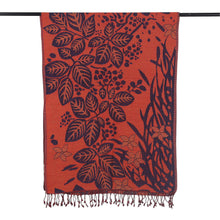 Load image into Gallery viewer, Floral Leaf-Themed Reversible Wool Shawl in Orange and Blue - Botanical Elegance | NOVICA
