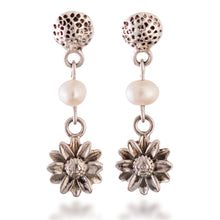 Load image into Gallery viewer, Oxidized and Polished Floral Cultured Pearl Dangle Earrings - Oceanic Spring | NOVICA
