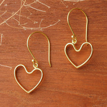 Load image into Gallery viewer, 18k Gold-Plated Heart-Shaped Dangle Earrings Made in Bali - Swinging with Love | NOVICA
