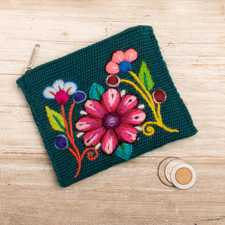 Artisan-Made Spring-Themed Viridian Alpaca Blend Coin Purse - Primaveral Viridian | NOVICA