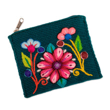 Load image into Gallery viewer, Artisan-Made Spring-Themed Viridian Alpaca Blend Coin Purse - Primaveral Viridian | NOVICA
