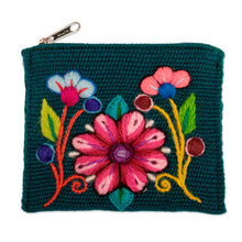 Load image into Gallery viewer, Artisan-Made Spring-Themed Viridian Alpaca Blend Coin Purse - Primaveral Viridian | NOVICA
