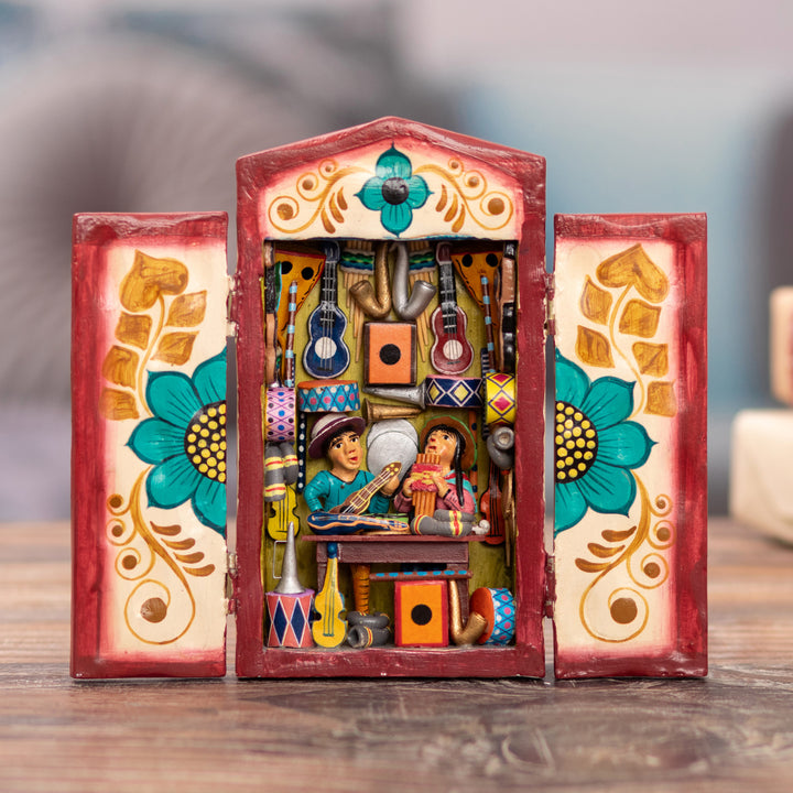 Hand-Painted Wood and Ceramic Retablo of Andean Music Store - Andean Music Store | NOVICA