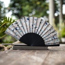 Load image into Gallery viewer, Batik Floral and Leaf-Themed Silk Fan with Pinewood Handle - Nocturnal Garden | NOVICA
