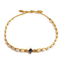 Load image into Gallery viewer, Golden-Thread Cultured Pearl Bracelet with Blue Pendant - Be Graceful | NOVICA
